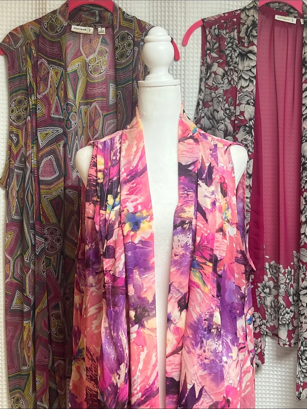 Susan Graver set of 3 open front sleeveless flowy chiffon colorful vests-1X